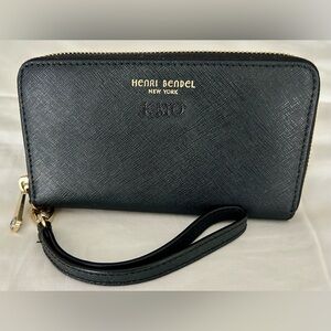 Henri Bendel Black Leather Wristlet with Gold Accents